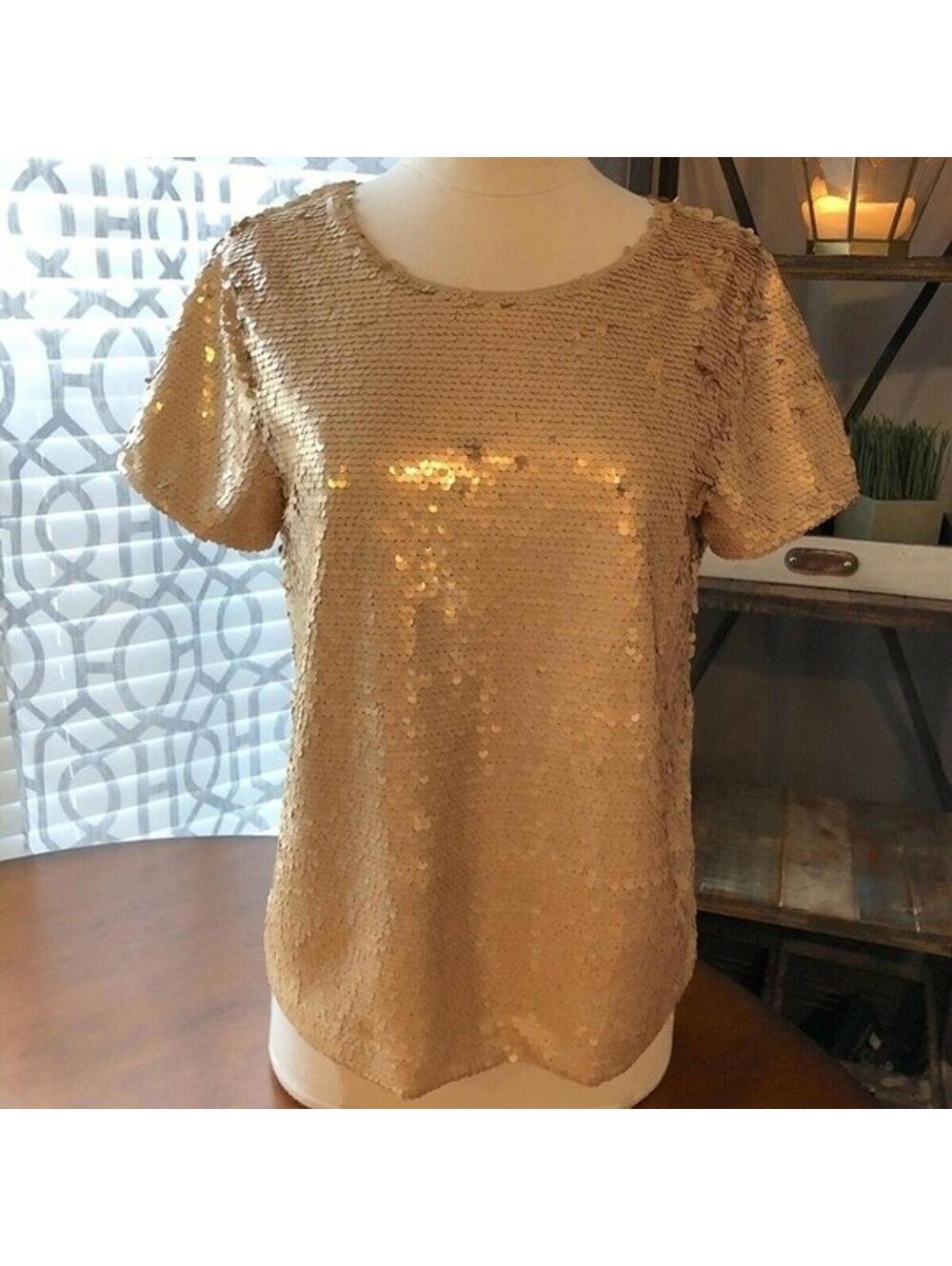 J.Crew Gold Sequin Top Women's Small Short Sleeve Fully Lined Party Shirt